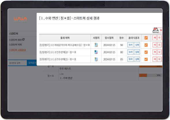 와와 AI 수학의 오답과 유형별 문제 학습 자료 예시